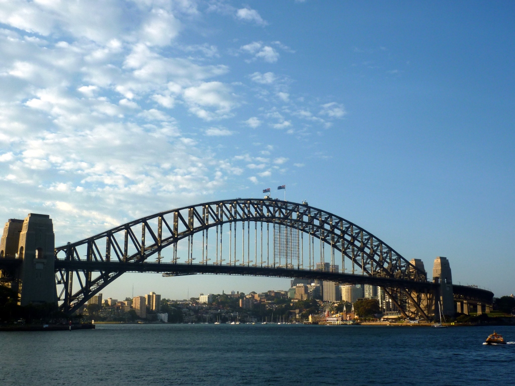 Sydney Harbour Bridge in the afternoon, with the sun behind the bridge.