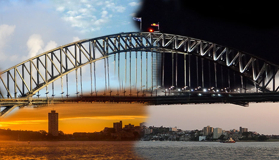 An adaptation of five different photographs of Sydney Harbour Bridge. The image shows the bridge at different phases of the day, including early morning with a pale blue sky, afternoon with a blue sky, sunset with an orange sky, twilight with a grey sky, and night with a black sky.
